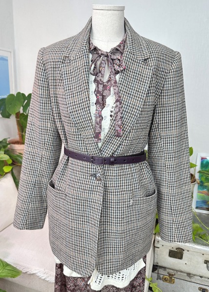 (us)90s white stag houndstooth jacket